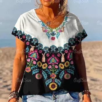 Винтажная новая женская футболка с народным принтом, футболка больших размеров, летняя женская одежда, дизайнерская рубашка большого размера с коротким рукавом, женская рубашка с v-образным вырезом 4XL
