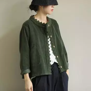 Винтажная одежда, вельветовая куртка-рубашка, женская кружевная стежка, свободная осенняя женская куртка с круглым вырезом, повседневная короткая куртка S кофейный