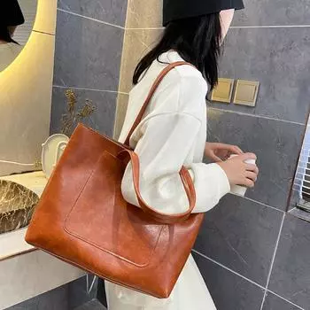 Винтажная однотонная сумка через плечо, модная, новая тенденция, простая, большая вместительная сумка-тоут, женская текстура, роскошная сумка на молнии для поездок на работу (30cm<Max Length<50cm)