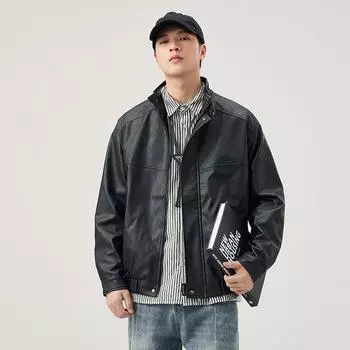 Винтажная однотонная универсальная куртка из искусственной кожи, мужская свободная куртка больших размеров с воротником-стойкой, повседневная куртка из байкерской кожи 2XL чёрный