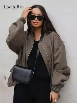 Винтажная однотонная женская куртка 2023, осенняя новинка с длинным рукавом на молнии, свободное повседневное женское бейсбольное пальто, пальто S темный мох зеленого