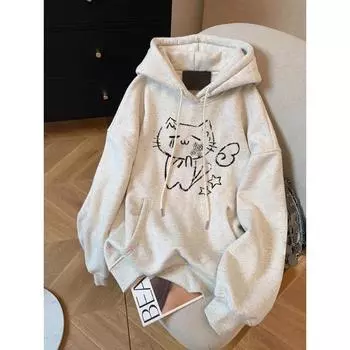 Винтажная опрятная кавайная толстовка с капюшоном с рисунком, мультяшные пуловеры, свободные джемперы в стиле гранж в стиле Харадзюку, эстетика 2000 года, женская белая вязаная толстовка с капюшоном S белый