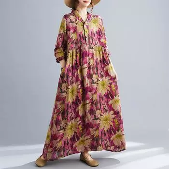 Винтажная осенняя богемная одежда с длинным рукавом, ретро-платья из хлопка и конопли, повседневное свободное длинное платье с цветочным принтом для женщин L