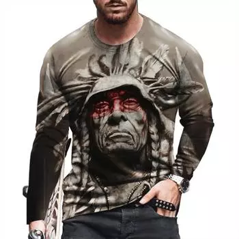 Винтажная осенняя мужская футболка с 3D принтом индийского лица и круглым вырезом, повседневный пуловер большого размера с длинными рукавами, модная уличная мужская одежда S