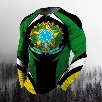 Винтажная осенняя мужская футболка с 3D принтом бразильского флага и круглым вырезом, повседневная футболка большого размера с длинными рукавами, модный пуловер, мужская одежда S