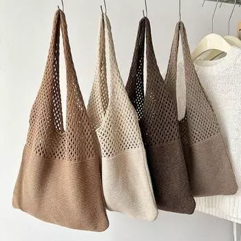 Винтажная открытая летняя пляжная тканая женская сумка на плечо, вязаные сумки, большая вместительная сумка-тоут, связанная крючком 25x8x16cm белый