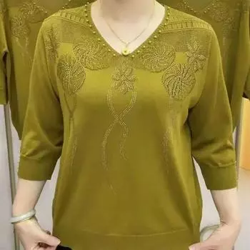 Винтажная открытая трикотажная рубашка, повседневная весенне-летняя женская одежда с рукавами 3/4, элегантная модная блузка с v-образным вырезом и бриллиантами, расшитая бисером L красный