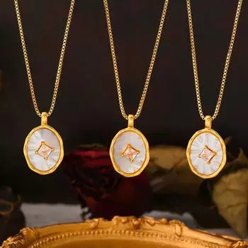 Винтажная овальная подвеска из рябчика с инкрустацией из циркония и меди, титановая стальная ключичная цепочка, покрытая 18-каратным настоящим золотом, наборный износ