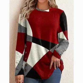 Винтажная печатная длинная женская футболка Seeve, модная контрастная круглая горловина, свободная повседневная футболка, топы, офисные женские футболки больших размеров для женщин 24036 S красный