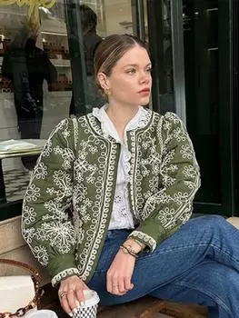 Винтажная печатная куртка для женщин с круглым вырезом и длинным рукавом, контрастная свободная верхняя одежда 2024 года, элегантное женское уличное модное пальто S зелёный