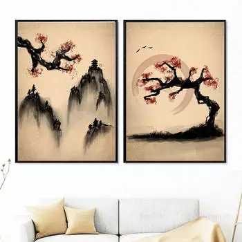 Винтажная пейзажная живопись дзен с чернилами, японский горный постер, скандинавская картина на холсте, печать, настенная художественная картина, домашний декор для гостиной 21x30cm No Frame