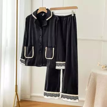 Винтажная пижама из 2 предметов, осенне-зимняя, плотная, теплая, черная, с отложным воротником, с длинными рукавами, домашняя одежда, брюки, костюмы, ночная одежда M чёрный