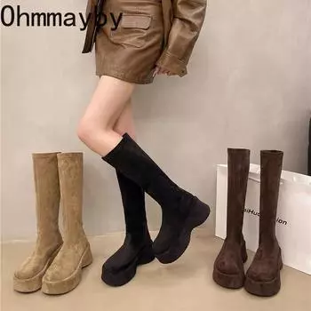Винтажная платформа квадратный каблук эластичные женские сапоги до колена осень зима без застежек женские лаконичные длинные Botas De Mujer 35