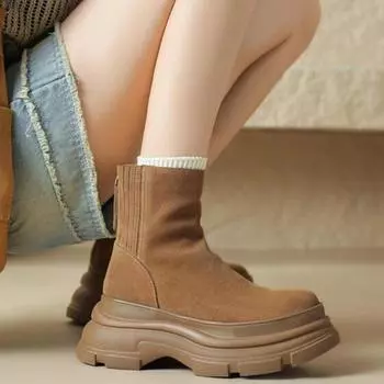 Винтажная платформа толстый каблук женские ботинки челси модные молнии обувь осень зима женские лаконичные короткие ботильоны 35