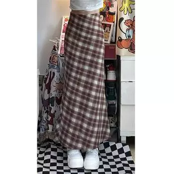 Винтажная полированная клетчатая юбка женская зимняя юбка spice girl в клетку с разрезом на бедрах, студенческая юбка А-образной формы с разрезом, длинная юбка S