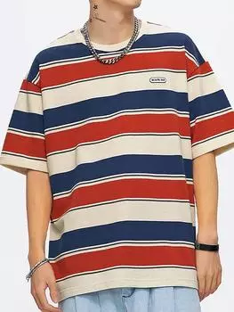 Винтажная полосатая футболка с круглым вырезом и короткими рукавами, летние мужские свободные повседневные футболки, уличная одежда для мужчин XXL чёрный