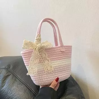 Винтажная полосатая хлопковая плетеная сумка 2024 года, новая нишевая ручная соломенная сумка для отпуска на пляже, маленькая ручная корзина серый