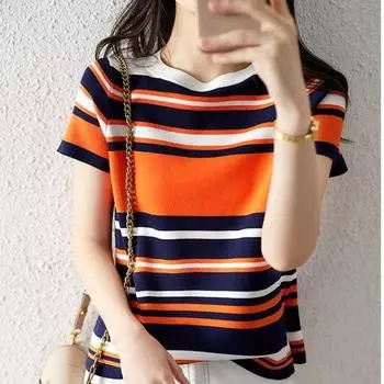 Женская летняя полосатая футболка с короткими рукавами, женский круглый вырез, контрастный цветной свитер, свободный тонкий топ one Size оранжевый