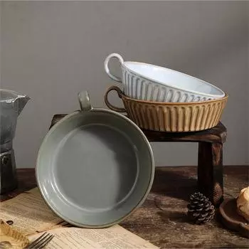 Винтажная полосатая тарелка с одной ручкой в стиле печи для гостиничного хозяйства, маленькая миска, салатница, десертная тарелка для фруктов, керамическая посуда