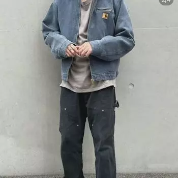 Винтажная потертая парусиновая куртка J97 - унисекс с застежкой-молнией, бывшая в употреблении Medium синий