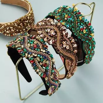 Винтажная повязка на голову с широким краем и драгоценными камнями Модные аксессуары Роскошные бриллианты 5.5*38cm зелёный