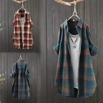 Винтажная повседневная блузка, свободные топы больших размеров, женская одежда средней длины, клетчатая рубашка, женская хлопково-льняная одежда, женские рубашки XS красный