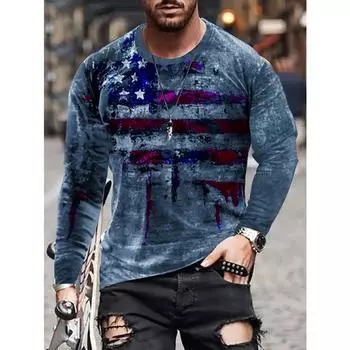 Винтажная повседневная футболка с выцветшим флагом 3D для мужчин: Стильный длинный рукав, слегка тянется, всесезонный комфорт и долговечность M