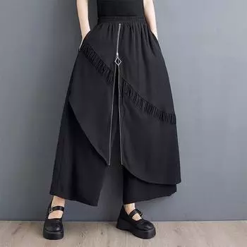 Винтажная повседневная свободная летняя широкая юбка больших размеров с высокой талией, брюки, женские брюки больших размеров чёрный
