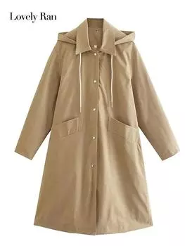 Винтажная повседневная ветровка с капюшоном, женская осенняя женская куртка на пуговицах с длинными рукавами, модная уличная одежда, однобортное женское пальто цвета хаки S хаки