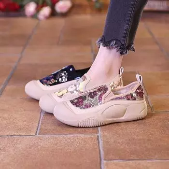 Винтажная повседневная женская обувь с мягкой подошвой, новые весенние универсальные лоферы с блестками в стиле ретро, туфли без шнуровки на платформе 35