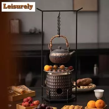 Винтажная позолоченная золотая угольная плита, окружающий набор для приготовления чая, ветряная грелка для спирта, чайник с ручкой для кипячения воды