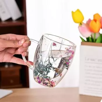 Винтажная прозрачная кружка для кофе с цветком, изолированные стаканы для напитков, молочные стаканы, подарки на день рождения, чашка для чая, капучино Style 2