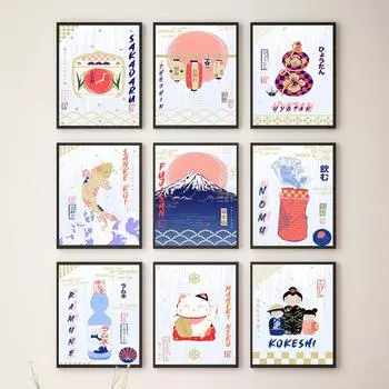 Винтажная японская художественная картина маслом, мультяшная лапша Ламиан, саке Манеки Неко, плакат, Фудзи, гора, семейное украшение на стену 21cm30cm NoFrame