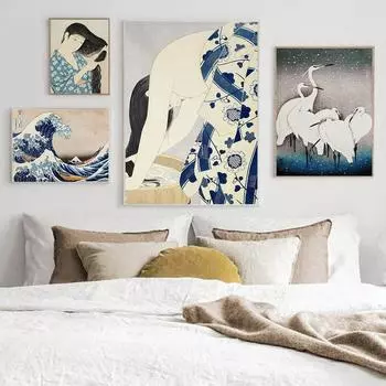 Винтажная японская обнаженная женщина плакат принты волна Канагава искусство холст картины настенные картины для гостиной восточный домашний декор 21x30cm No Framed
