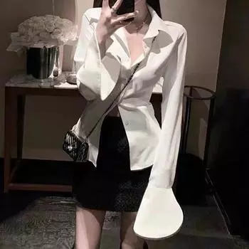 Винтажная расклешенная белая рубашка с длинным рукавом, женская тонкая сексуальная женская блузка на шнуровке с лацканами, повязка, корейский дизайн, осенние женские топы 30390 S белый