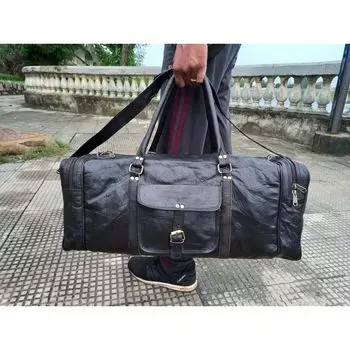 Винтажная ретро мужская спортивная сумка из натуральной кожи для выходных, легкий багаж 25 x 10 x 8 in чёрный