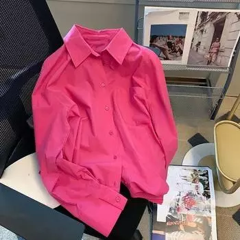 Винтажная розово-красная женская рубашка, весенний новый дизайн, женская однотонная блузка, повседневный свободный универсальный топ с длинными рукавами S