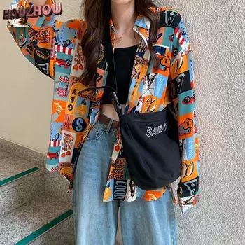 Винтажная рубашка, осенняя женская одежда, топы в уличном стиле, блузка в стиле Харадзюку в стиле бохо для женщин, рубашка с длинным рукавом, повседневная рубашка с принтом S