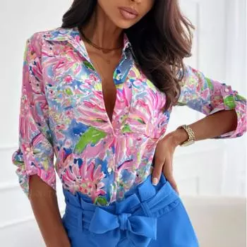 Винтажная рубашка с длинным рукавом и принтом, женская повседневная блузка с отложным воротником, офисные женские топы, элегантные свободные рубашки на пуговицах, женские 24189 S розовый