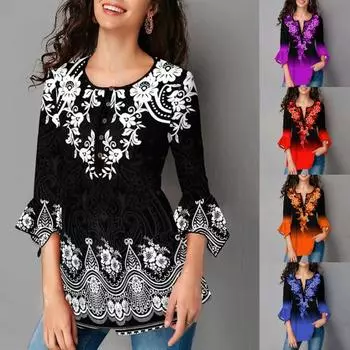 Винтажная рубашка с градиентным цветным принтом и нерегулярными расклешенными рукавами для женщин, тонкие все M синий