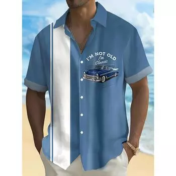 Винтажная рубашка с контрастным полосатым принтом в виде старинного автомобиля, мужская рубашка больших размеров с карманом на пуговицах 2XL