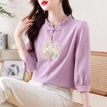 Винтажная рубашка с пластинчатыми пуговицами, женские весенне-летние новые женские топы 2024 года S синий