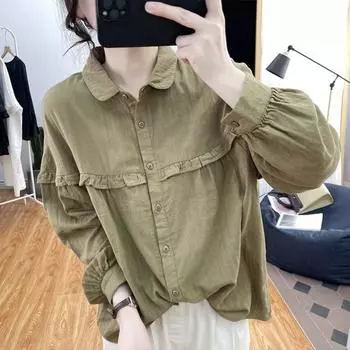 Винтажная рубашка с рукавами-фонариками из хлопка и льна, женская весенне-осенняя элегантная блузка с оборками для женщин, модные однобортные рубашки узкого кроя 26296 M белый