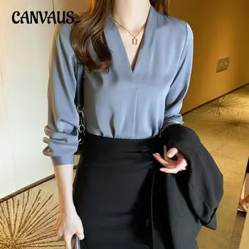 Винтажная рубашка с v-образным вырезом для женщин, весенне-летний шифоновый костюм с длинными рукавами и простыми топами S синий