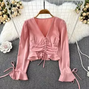 Винтажная рубашка с высокой талией и высокой талией, короткая рубашка с талией и листьями лотоса, женская повседневная блузка с рукавами в иностранном стиле