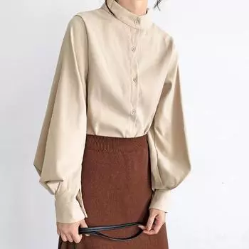 Винтажная рубашка со стоячим воротником и рукавами-фонариками для женщин, модная осенняя новая однотонная элегантная повседневная женская блузка на пуговицах, модные женские блузки 25341 S белый