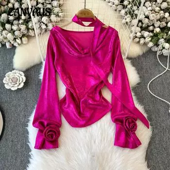 Винтажная рубашка свободного кроя в стиле суда со знаменитыми рукавами-фонариками и объемными цветами, воротник-стойка, женская повседневная блузка One size чёрный