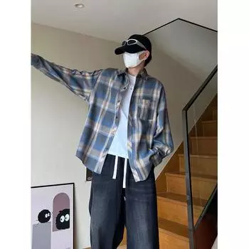 Винтажная рубашка в клетку бордового цвета High Street, мужская, та же модная, повседневная, свободная, солнцезащитная, с длинными рукавами S жёлтый