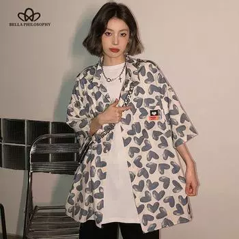 Винтажная рубашка, женская модная летняя рубашка на пуговицах в корейском стиле, свободные повседневные блузки с коротким рукавом и принтом сердца S синий