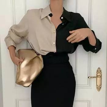 Винтажная рубашка, женские элегантные офисные женские блузки Y2k, корейский стиль, длинные рукава, лоскутные повседневные топы женские S чёрный